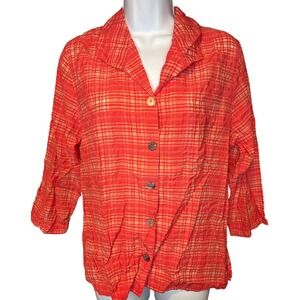 Cut Loose Womens Red Orange Plaid Crinkle Button Up Shirt Sz M Art To Wear Boho